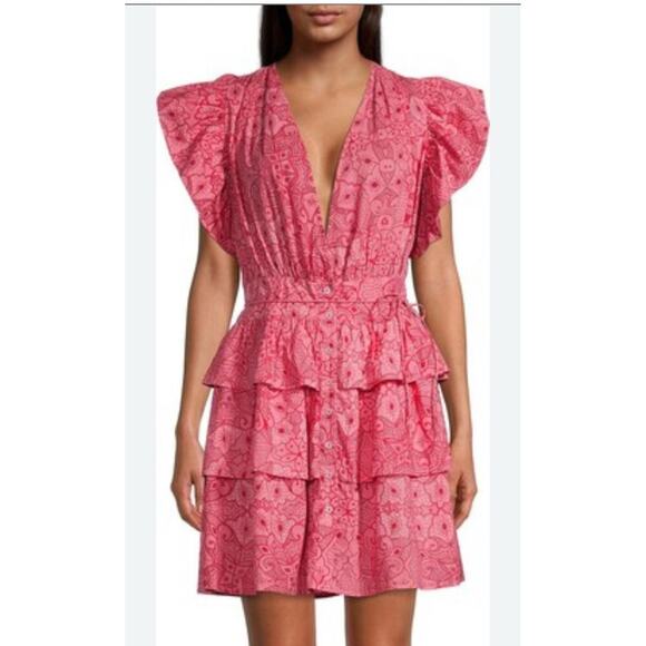 NWT Ro’s Garden Hunan Floral Mini Dress Size M Pink Flutter Sleeve V Neck - Picture 1 of 13